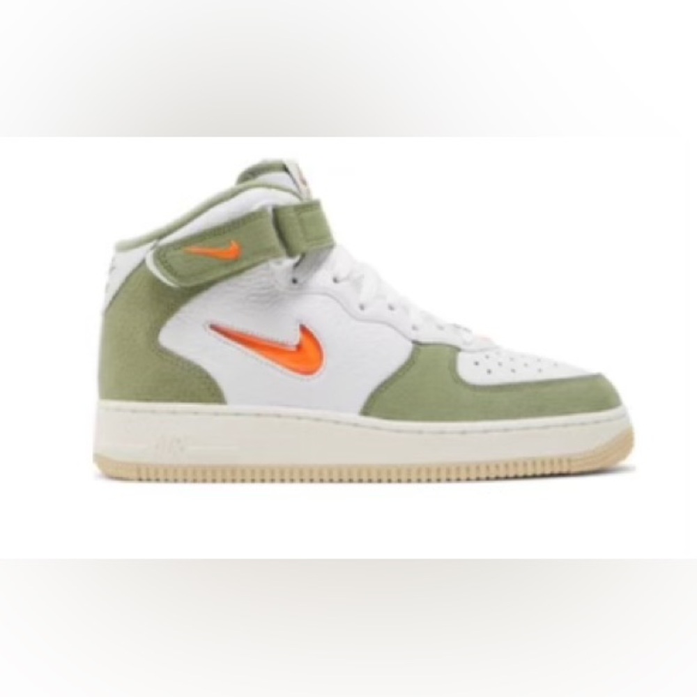 Nike Kids' Olive Green and White Sneakers with Orange Swoosh
